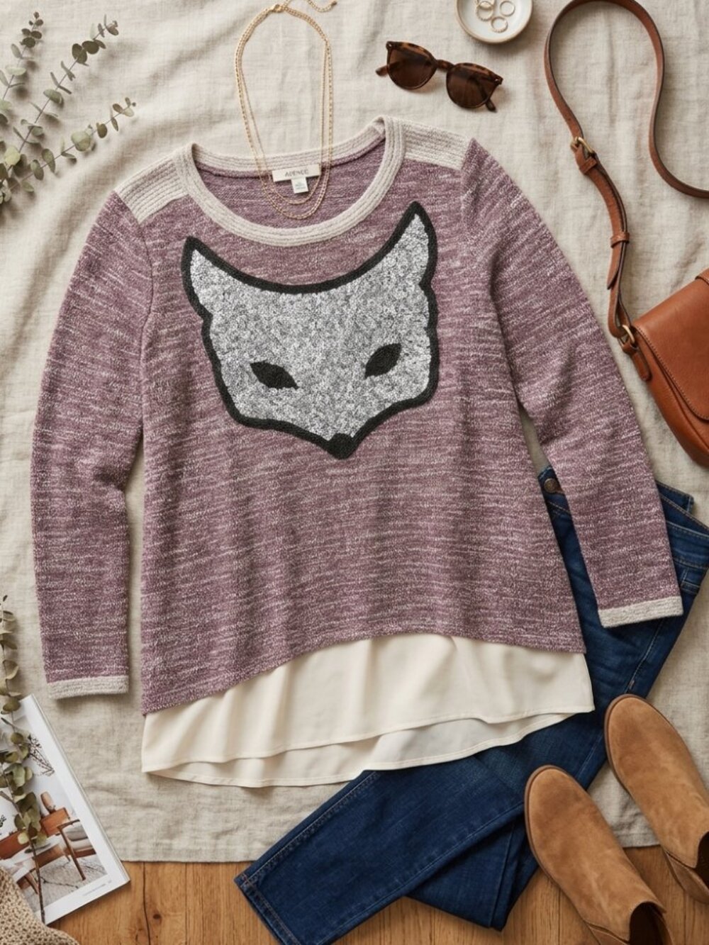 Avenue Fox Sweater Plus Size 18/20 Burgundy Cream Silver Sequin Statement Knit
